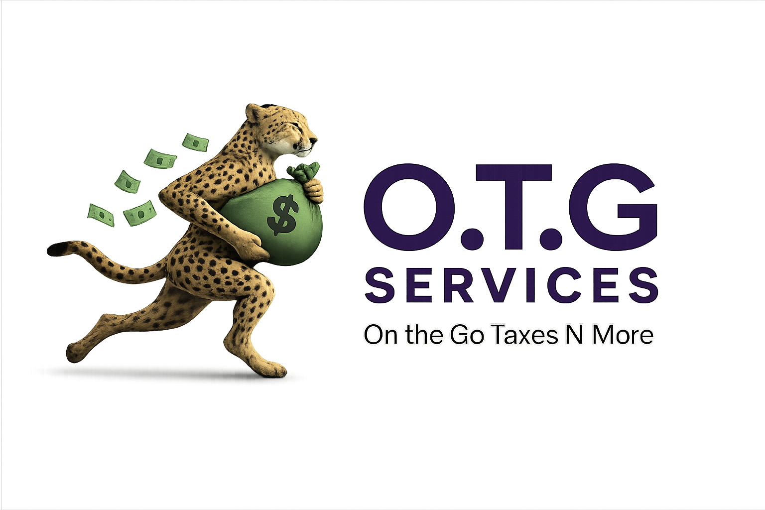 O.T.G. Services — On the Go Taxes N More, with a running cheetah holding a money bag